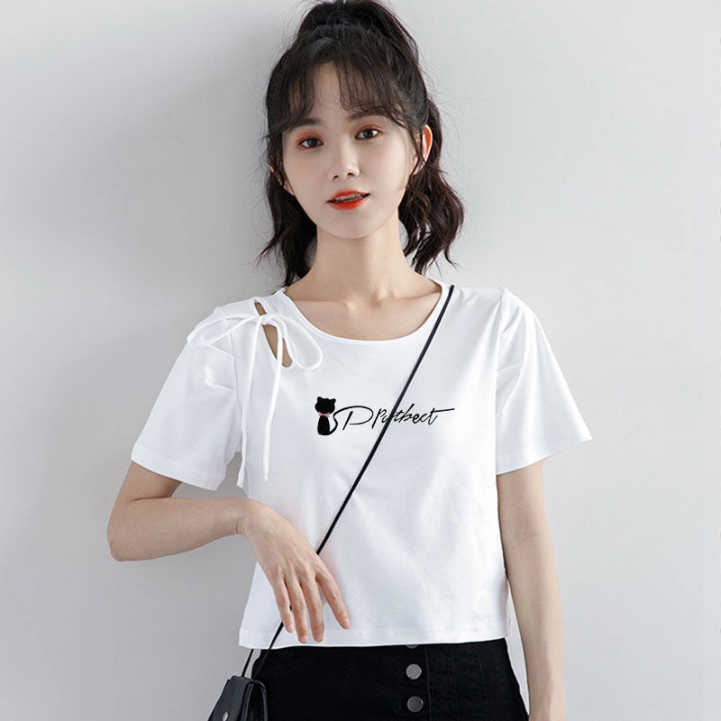 AMOI Áo Thun Dáng Ngắn Phối Rách Thời Trang 2022 Cho Nữ