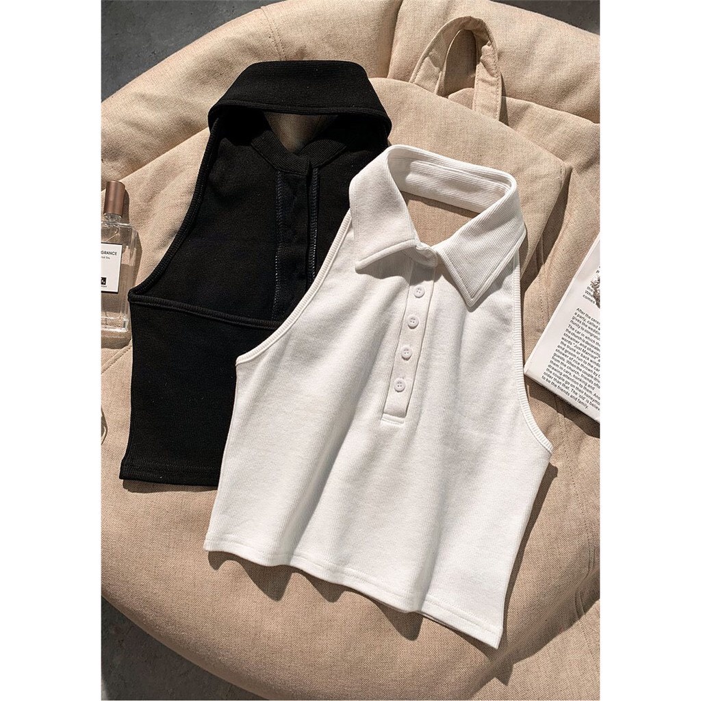 Áo croptop cổ polo cài cúc đen trắng sát nách hở lưng sexy