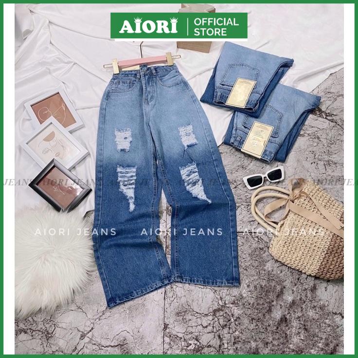 Quần Jean Nữ Aiori Fashion Ống Rộng Lưng Cao Trơn Rách Gối Kiểu Bò Suông Cạp Cao Thời Trang Hàn Quốc Ulzzang_S86