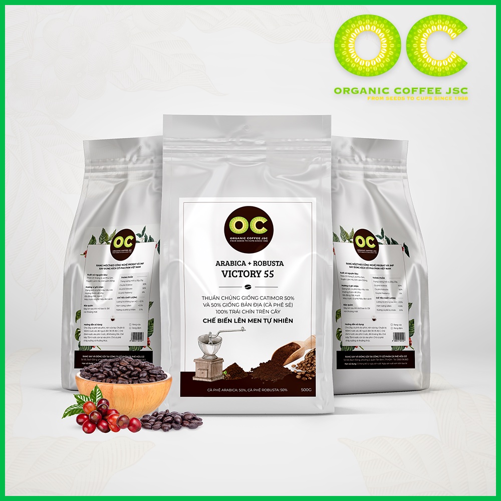 Cà phê rang mộc Robusta và Arabica hữu cơ VICTORIA 55,Cafe dùng pha phin và pha máy nguyên chất từ Organic Coffee JSC