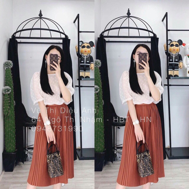 Chân váy dập li nhỏ LINH RUBI STORE cạp chun dáng xòe dài qua gối V016