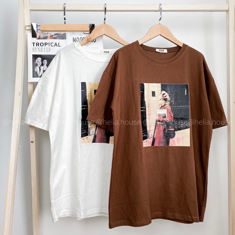 Áo phông 3158 quảng châu form rộng in hình freesize cá tính năng động trắng đen nâu vintage - Helia House