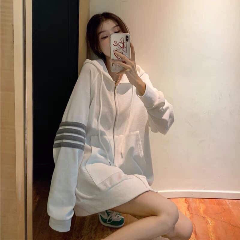 Áo Khoác Nỉ Nữ Sọc Cánh Tay Meestore Áo Hoodie Dáng Rộng Unisex In Vạch Thom Brown Siêu Hot | BigBuy360 - bigbuy360.vn