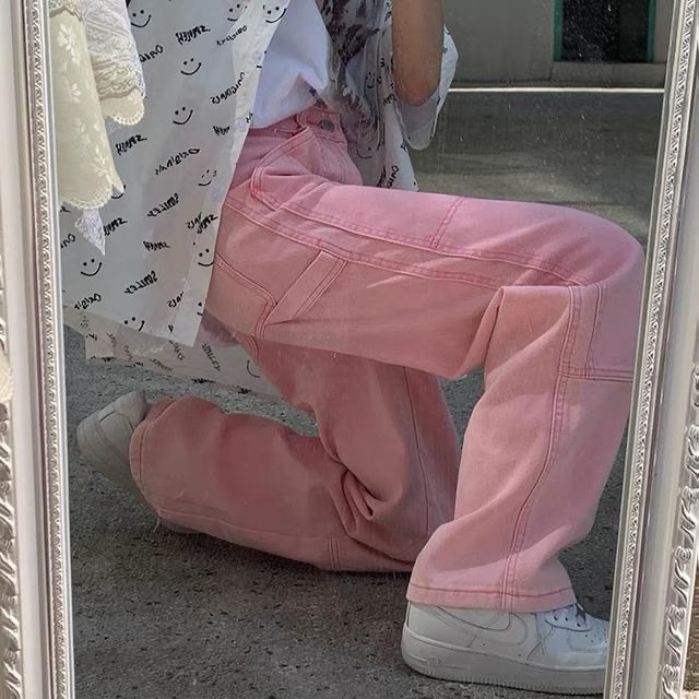 ✨PINKKKK JEANS✨Quần Jeans Ống Rộng Lưng Cao Màu Hồng Thiết Kế Năng Động Thời Trang | BigBuy360 - bigbuy360.vn