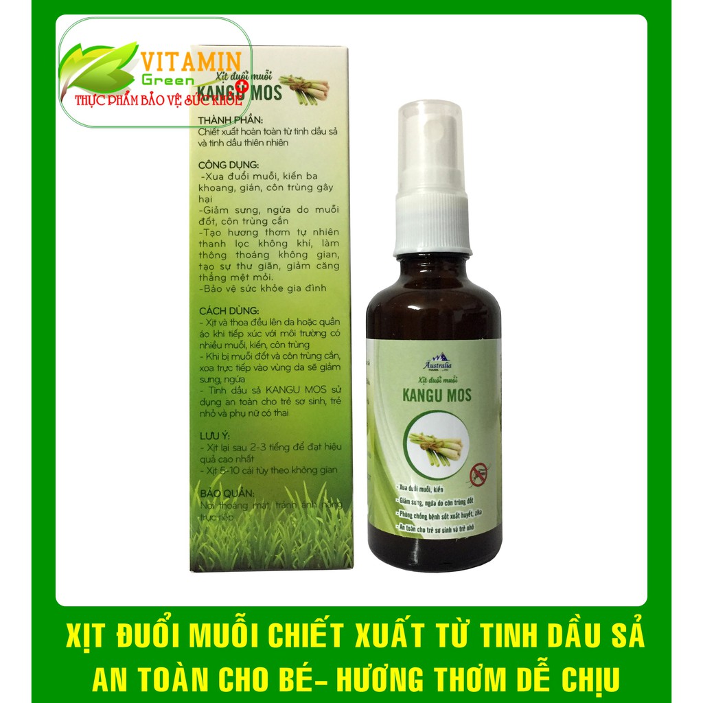 XỊT ĐUỔI MUỖI VÀ CÔN TRÙNG KANGU MOS CHIẾT XUẤT TỪ TINH DẦU SẢ, TINH DẦU THIÊN NHIÊN (50ml)