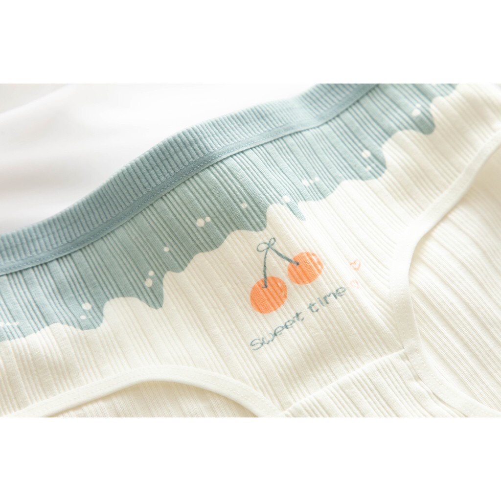 Quần Lót Nữ - Quần Lót Nữ Cotton gân tăm phối xanh trắng họa tiết cherry nơ dẽ thương DAN STORE MÃ 1798