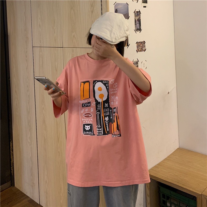 Áo Thun In Xương Cá 2 Màu Xám, Hồng - Áo thun tay lỡ form rộng Unisex 38-65kg Nam Nữ  [VIDEO+ẢNH THẬT]