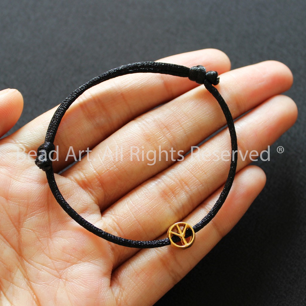 Vòng Tay Thắt Dây Đen Charm Biểu Tượng Hòa Bình (Peace Sign) Mạ Vàng 24K Thủ Công Thổ Nhĩ Kỳ, Vòng Tay Phong Thuỷ