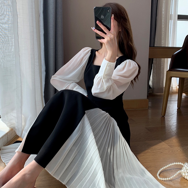 Đầm kiểu Perty cổ vuông phối lưới thời trang thu đông cho nữ
