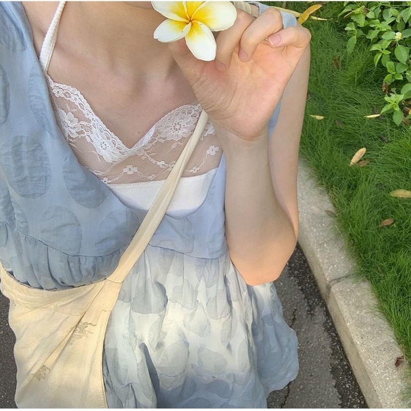 Áo Hai Dây Phối Ren Họa Tiết Dễ Thương Cho Nữ