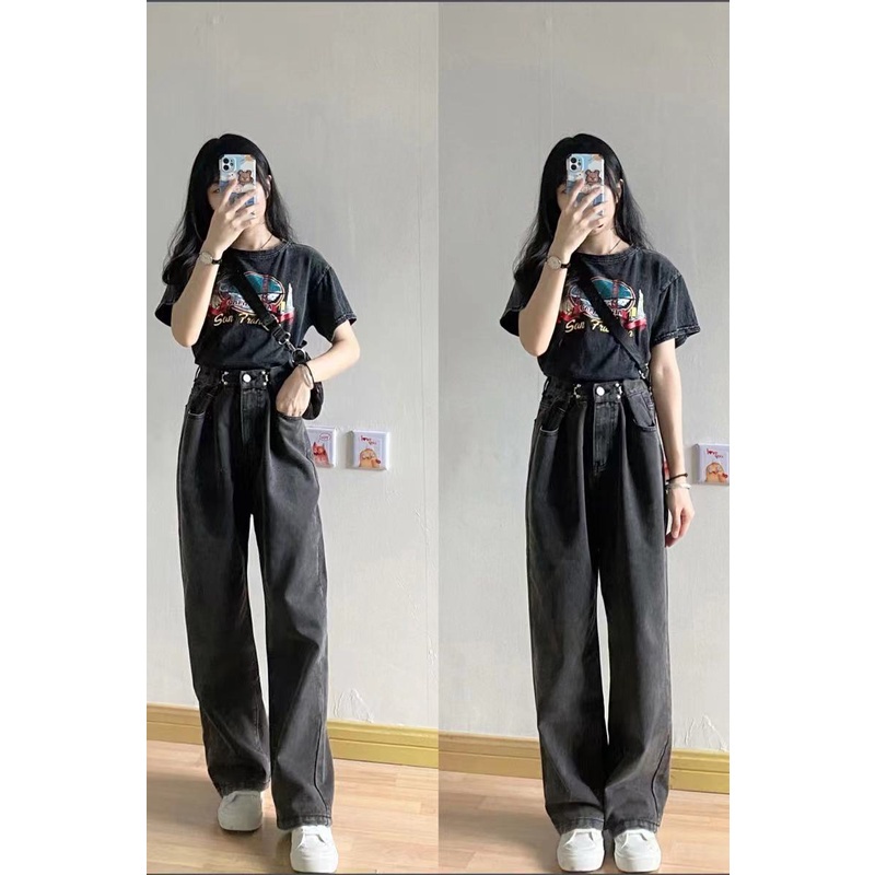 Quần jean thiết kế ống suông rộng phong cách thời trang retro cá tính