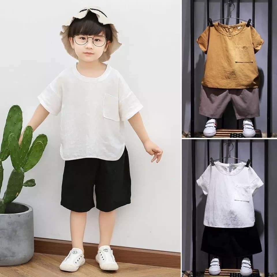 Đồ bé trai Kangminkids, quần áo bé trai chất đũi trơn Hàn Quốc xuất xịn QATE01, quần áo trẻ em từ 7-28kg