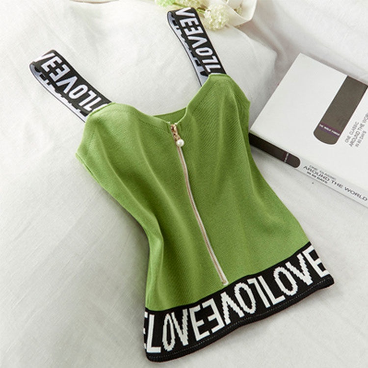 Áo Tank Top Dệt Kim Ôm Dáng Phối Khóa Kéo Đính Ngọc Trai Gợi Cảm Cho Nữ