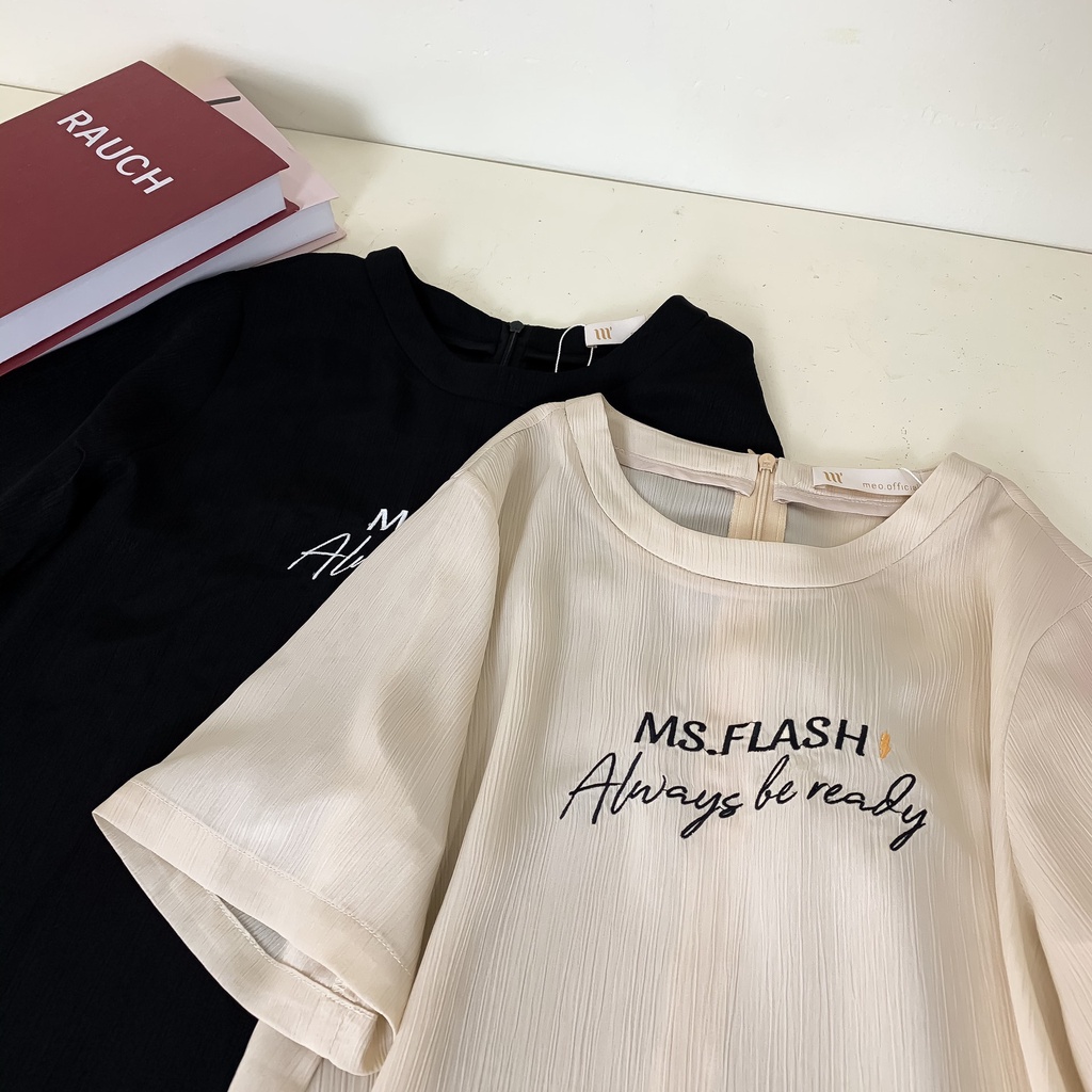 Áo kiểu nữ Méo Shop tay ngắn vải sheer thêu chữ kiểu hàn Ms.Flash