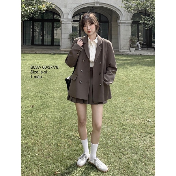 ✨ Set Blazer 6 cúc 2 lớp dày dặn + chân váy xếp ly dáng ngắn tone màu nâu trầm Trendy