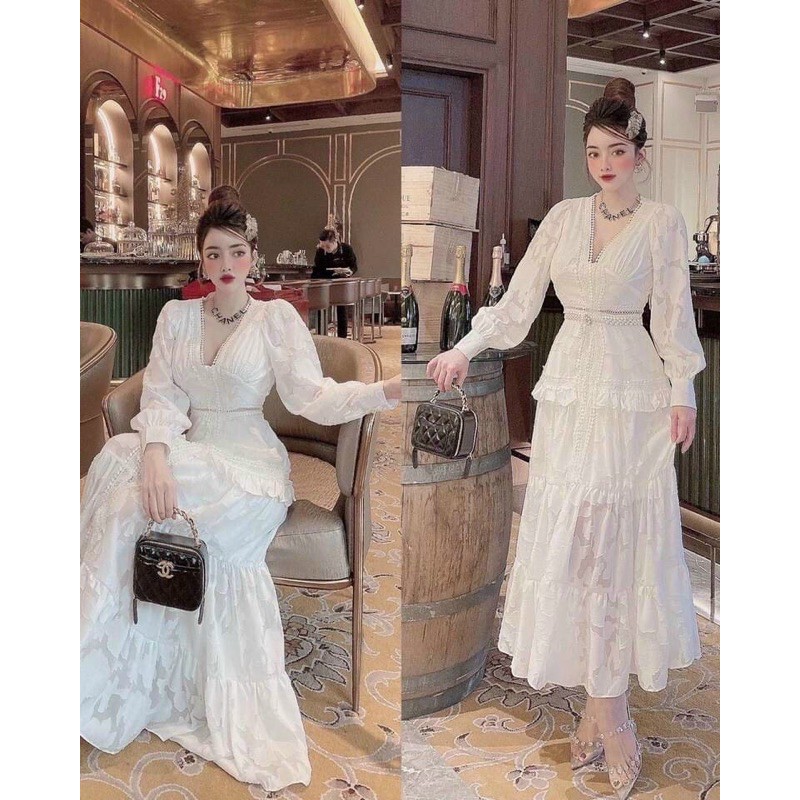 Đầm Maxi Ren Trắng Tay Dài Cổ V Nút, Đầm Dự Tiệc, Đi Biển, Chụp Ảnh (Ảnh Thật)