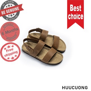 (BẢO HÀNH 6 THÁNG) Sandal 2 quai da bò nâu / đen đế trấu - Hàng chính hãng Hữu Cường, da thật, chịu nước