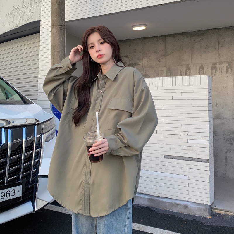 ZHELIHANGFEI Áo Sơ Mi Chống Nắng Tay Dài Dáng Rộng Màu Sắc Đơn Giản Dễ Phối Đồ