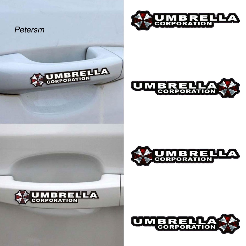 Bộ 4 Miếng Dán Phản Quang Trang Trí Tay Nắm Cửa Xe Hơi Bằng Nhựa PP In Chữ Resident Evil Umbrella