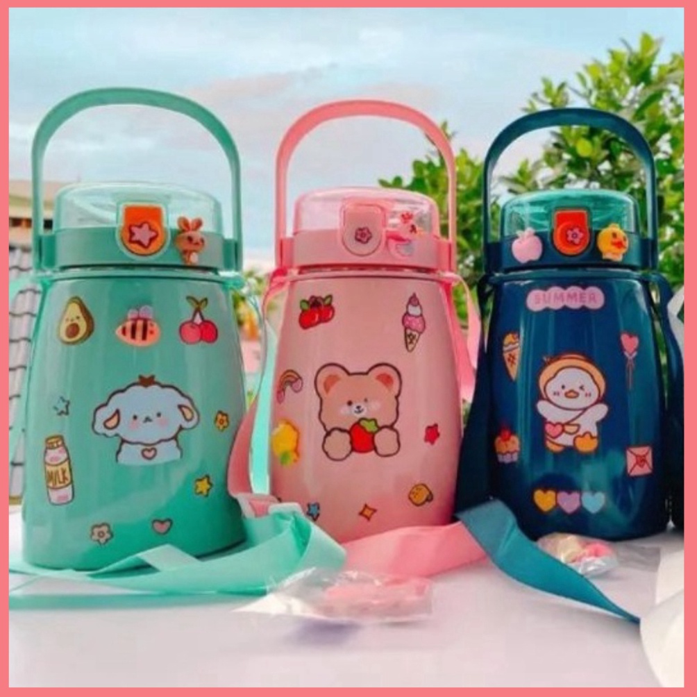 Bình Giữ Nhiệt Cute Có Ống Hút Inox 304 Cao Cấp Không Rỉ Tặng Kèm Sticker Quai Đeo