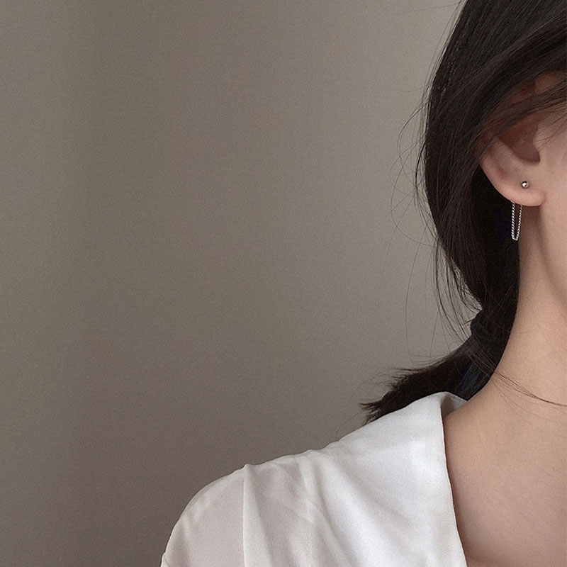 Ahellogirl Mạ Bạc Hoa tai kim loại phối chuỗi xích phong cách Hàn Quốc cá tính hợp thời trang