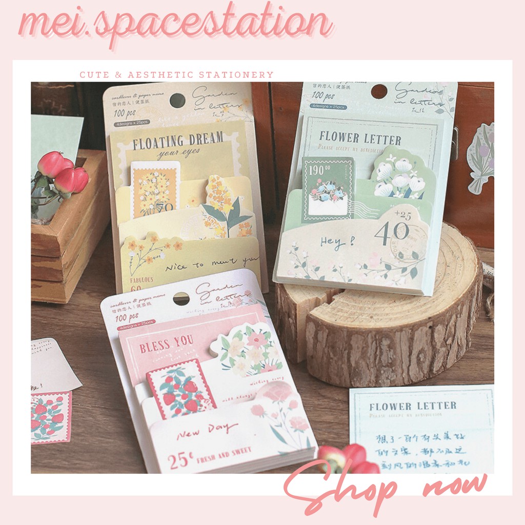 Set 100 Tờ Giấy Note Ghi Chú Khu vườn nghệ thuật dễ thương 4 mẫu khác nhau