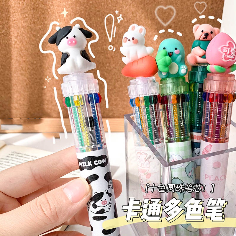 Bút Bi 10 Màu Hình Động Vật Dễ Thương Cho Học Sinh/Văn Phòng