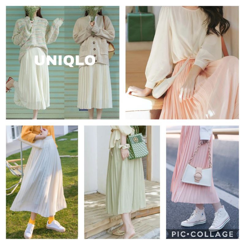 (UNIQLO) Chân váy xoè xếp ly vải chiffon (voan) 2 lớp cạp chun dáng midi