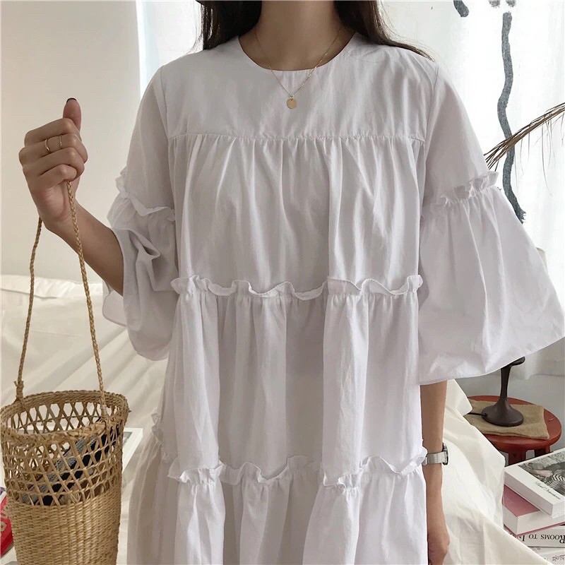 váy đầm nữ màu trắng đen chất mềm mát kiểu BABYDOLL dáng suông tay lỡ thấm hút mồ hôi hàng quảng châu cao cấp | BigBuy360 - bigbuy360.vn