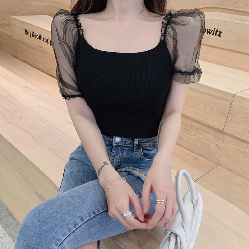 Áo Thun Nữ Tay Ngắn Cổ Chữ U Phối Lưới