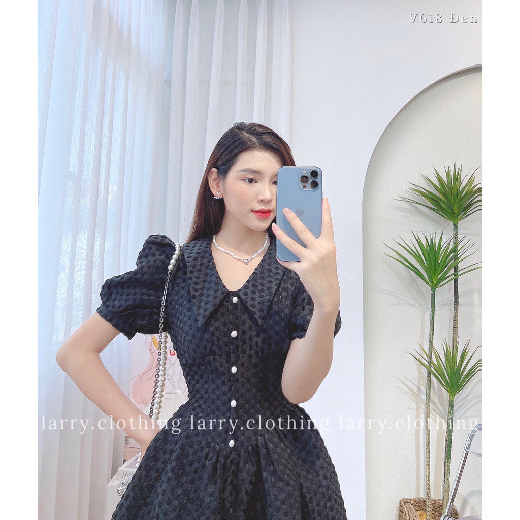 Váy Tay Bồng Đính Cúc Ngọc - Váy Tiểu Thư Cổ Tim Dáng Xòe Hình Giọt Nước - Chất Xốp Dày Dặn Loại 1 Thiết Kế 2 Lớp