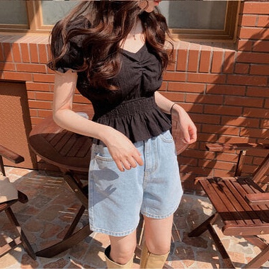 SUXI Áo Sơ Mi Tay Ngắn Cổ Chữ V Màu Sắc Đơn Giản Phong Cách Hàn Quốc