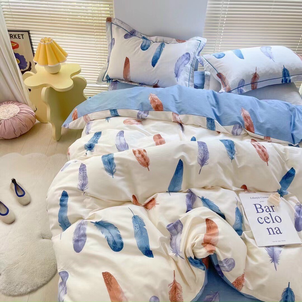 [Tặng vỏ gối ôm] Bộ 4 món chăn ga gối Cotton Living chiếc lông nhập khẩu cao cấp