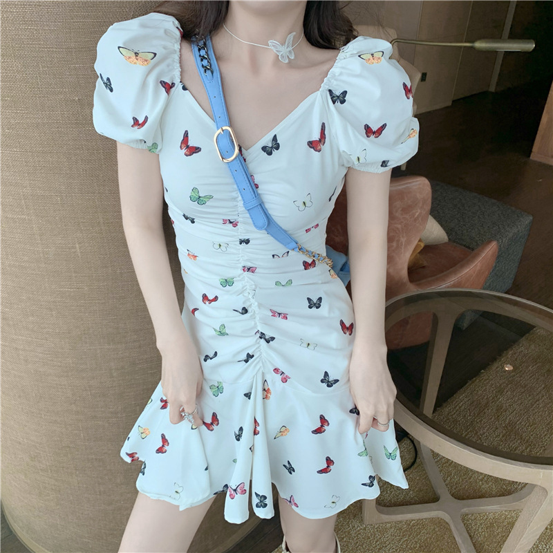 Đầm Peplum Lưng Cao Tay Phồng In Hình Bướm Thời Trang Mùa Hè 2021