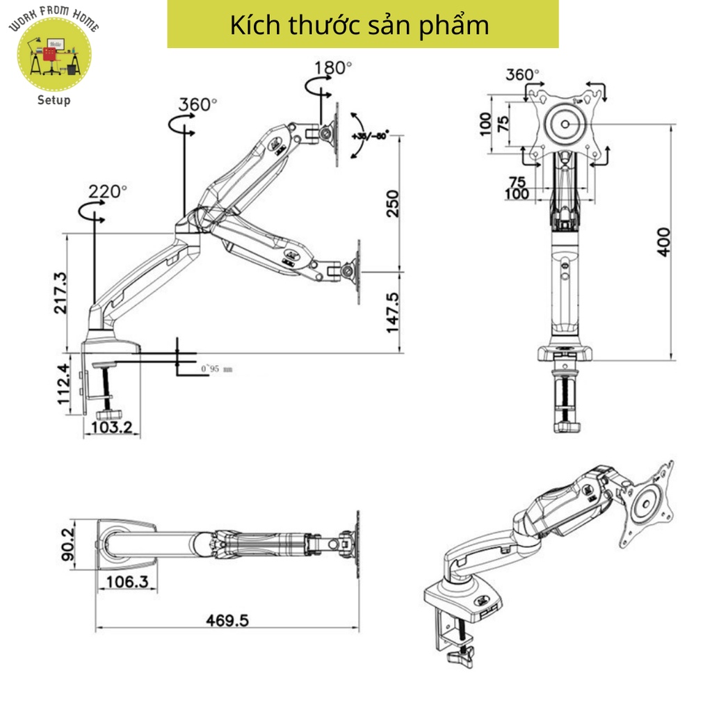 [Mã 254ELSALE giảm 7% đơn 300K] Giá Treo Màn Hình Máy Tính North Bayou NB-F80 Cho Màn Hình Từ 17-30inch - Xoay 360 Độ