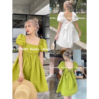  Váy Babydoll tiểu thư tông màu lạ Đầm Babydoll cổ vuông Nơ lưng 