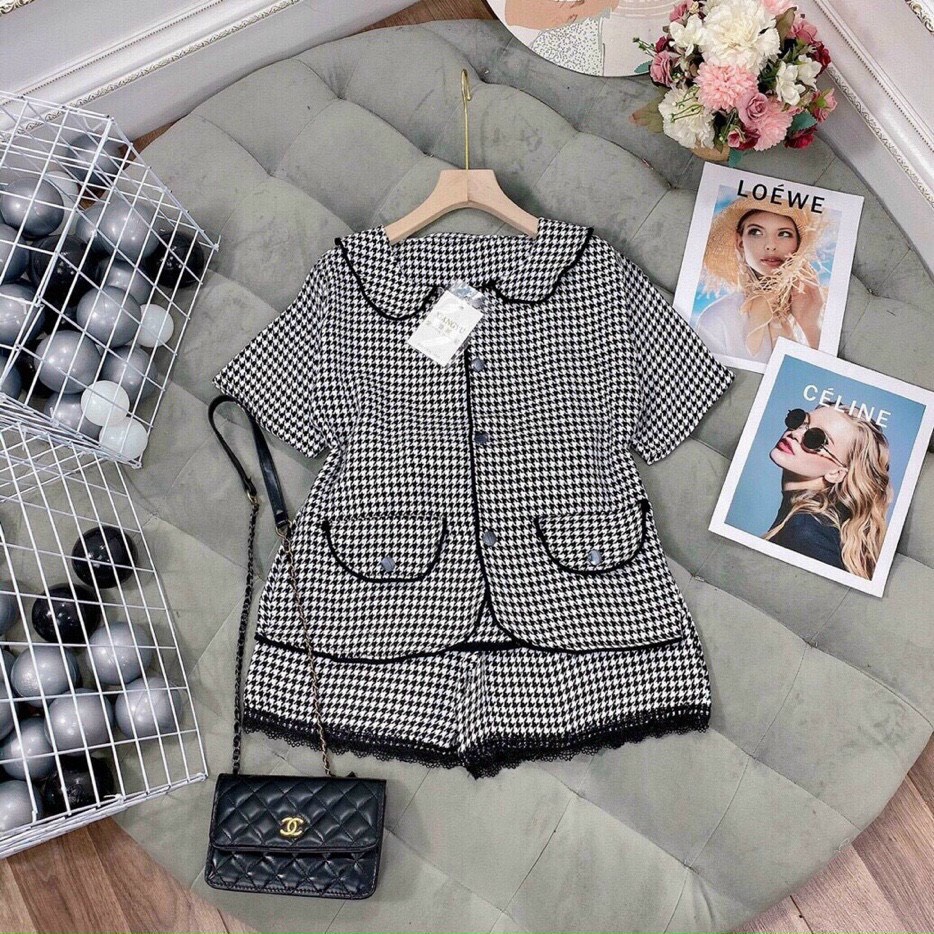 Set bộ tiểu thư caro cổ bẻ, áo kiểu nữ, set bộ đi chơi quần đùi ngắn, quần short nữ viền ren