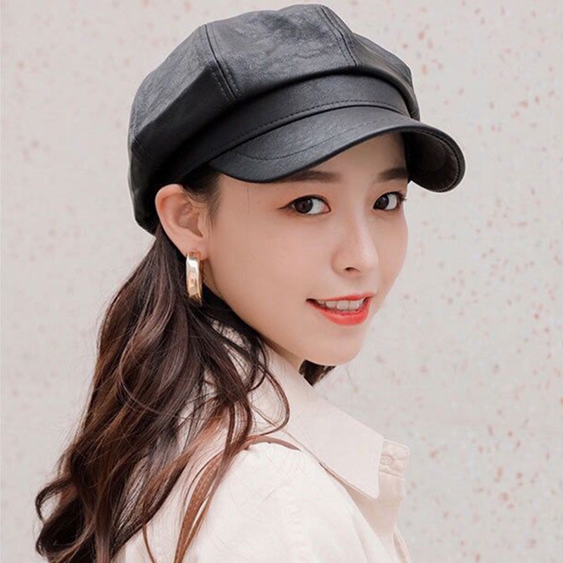 Mũ Beret Da Màu Đen Phong Cách Vintage Thanh Lịch Cho Nữ