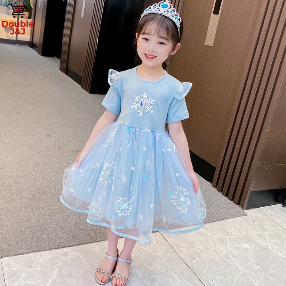 Đầm Công Chúa Elsa Phối Lưới Thiết Kế Mới Xinh Xắn Cho Bé Gái Từ 1-9 Tuổi