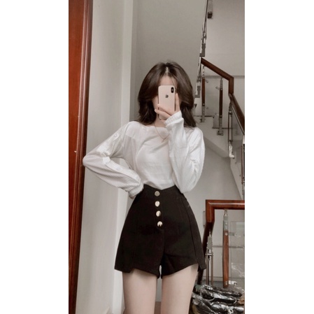 áo len trễ vai tay phối cúc (ảnh thật shop chụp)