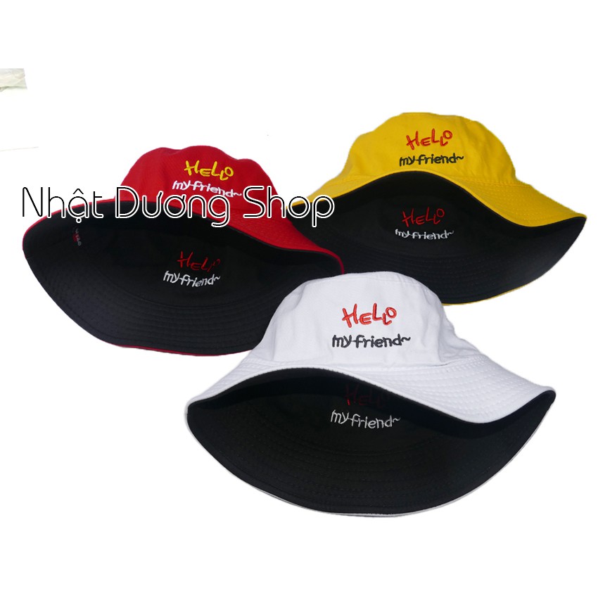 Nón bucket 2 mặt Hello My Friend mũ tai bèo nữ vành nhỏ được may với chất liệu cotton cao cấp, thoáỉ mái