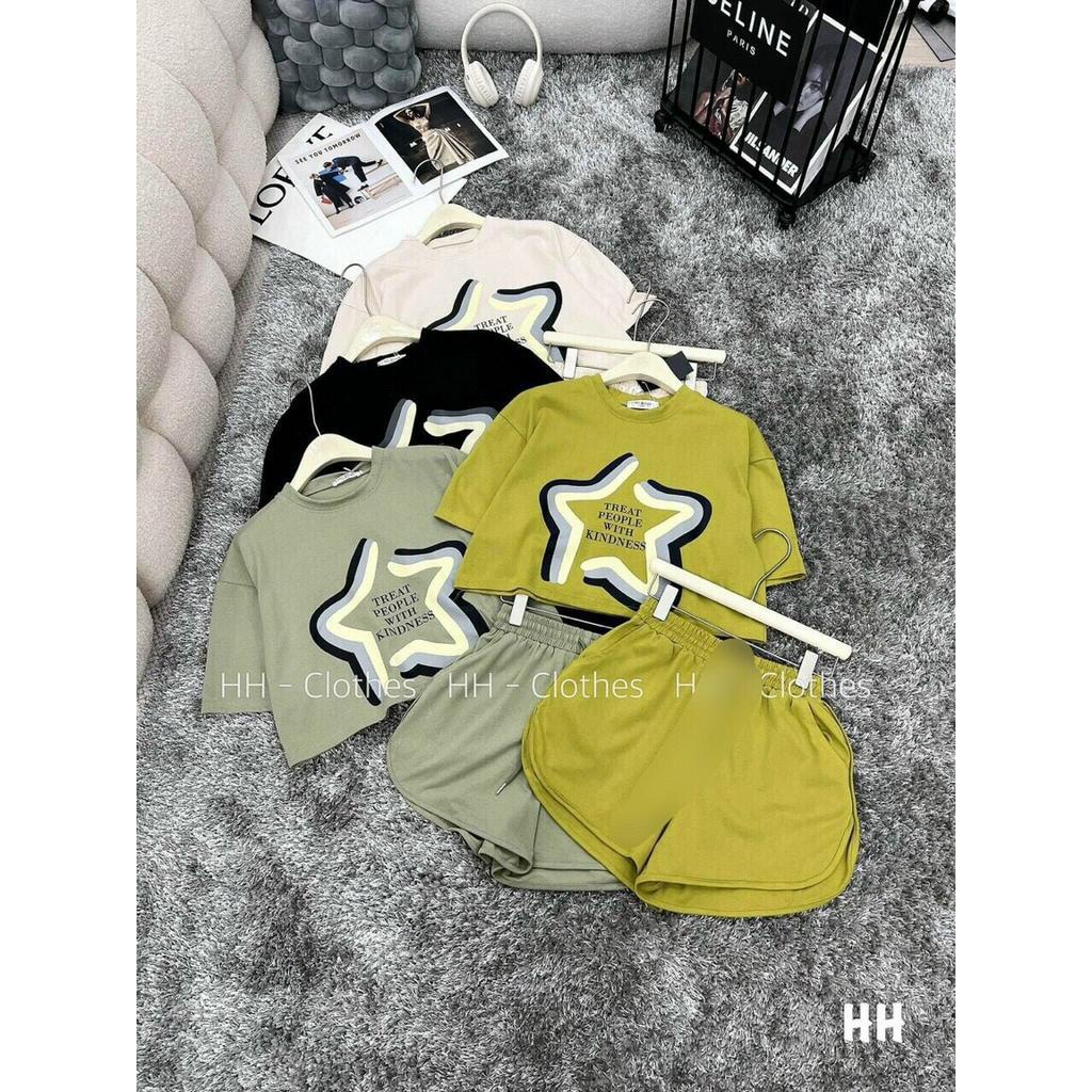 Set đồ nữ bộ quần áo cộc chất cotton đẹp, mềm mịn cổ tròn dáng áo ngắn croptop in hình thời trang mẫu mới hè 2023