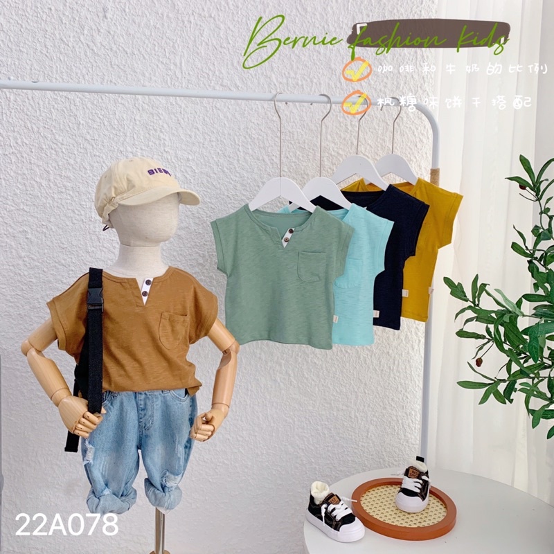 Áo phông bé trai bé gái Bernie cổ V chất cotton cho bé từ 9-23kg-22A078