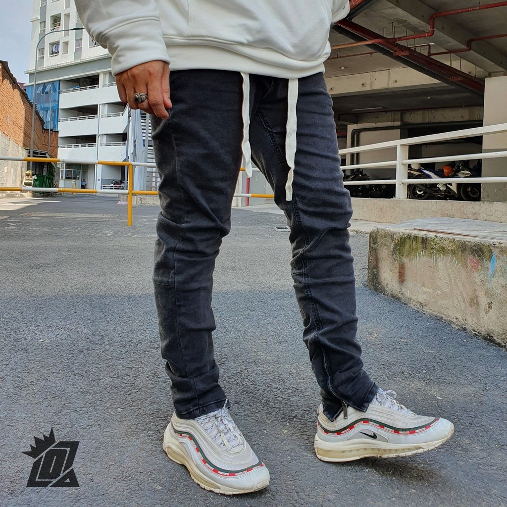 Quần jean nam streetwear chất bò DATINO khoá Zipper màu xám trơn Denim co giãn, bền màu giặt tay giặt máy.