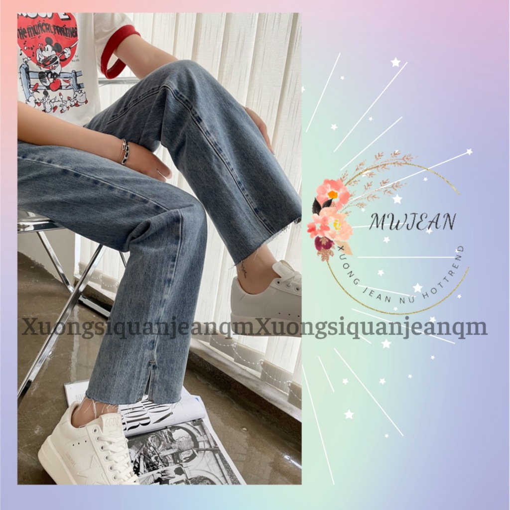 Quần jean nữ ống đứng trơn cắt gấu chéo xẻ gấu hot hit 2022