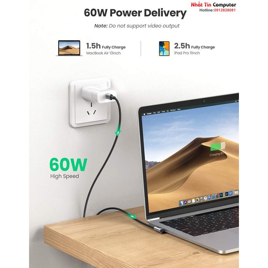 Cáp USB type-C 2 đầu dài 1M sạc và truyền dữ liệu đầu bẻ góc 90 độ chính hãng Ugreen 50123 cao cấp