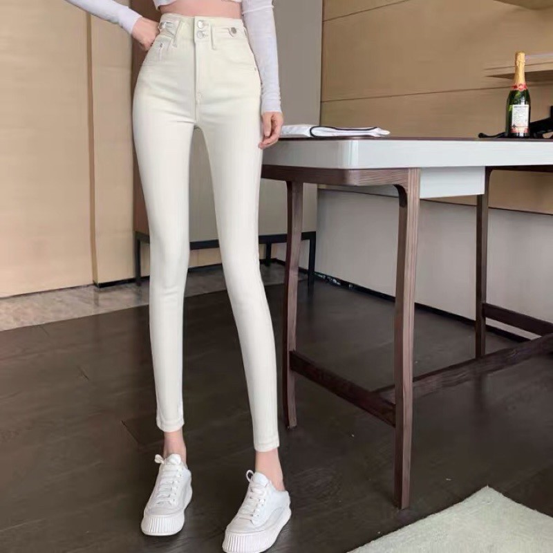 Quần jeans skiny ôm sát màu trắng kem lưng cao cho nữ