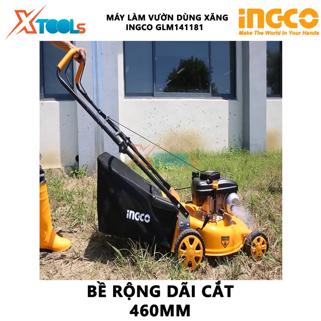 Máy cắt cỏ đẩy dùng xăng INGCO GLM141181 | máy làm vườn 3.0Kw(4HP), Động cơ 4 thì, chiều rộng cắt 460mm (18''), cắt cỏ,