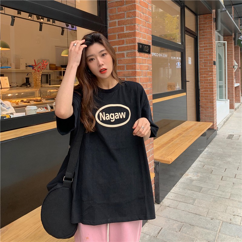 Áo thun nữ tay lửng dáng rộng in họa tiết đơn giản phong cách hàn quốc thời trang mùa hè