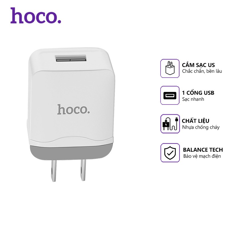 Cóc sạc nhanh Hoco C22 1 cổng USB 2.4A, nhựa ABS, tương thích nhiều thiết bị